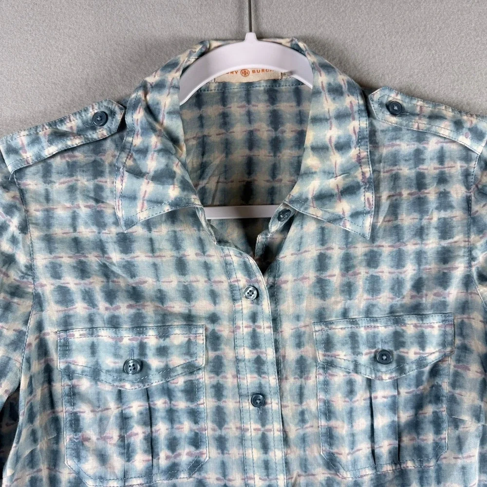 Tory Burch Womens 6 Button Down Shirt Blue Tie Dye Shibori Utility Cotton Blouse
